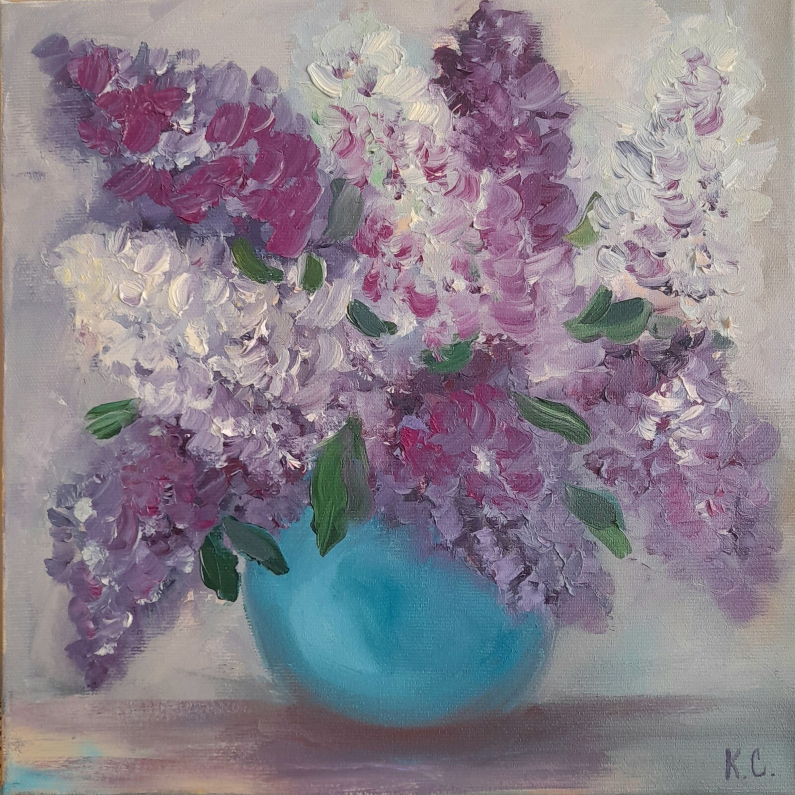 lilac original oil painting, bouquet of lilac in vase art, flower painting art