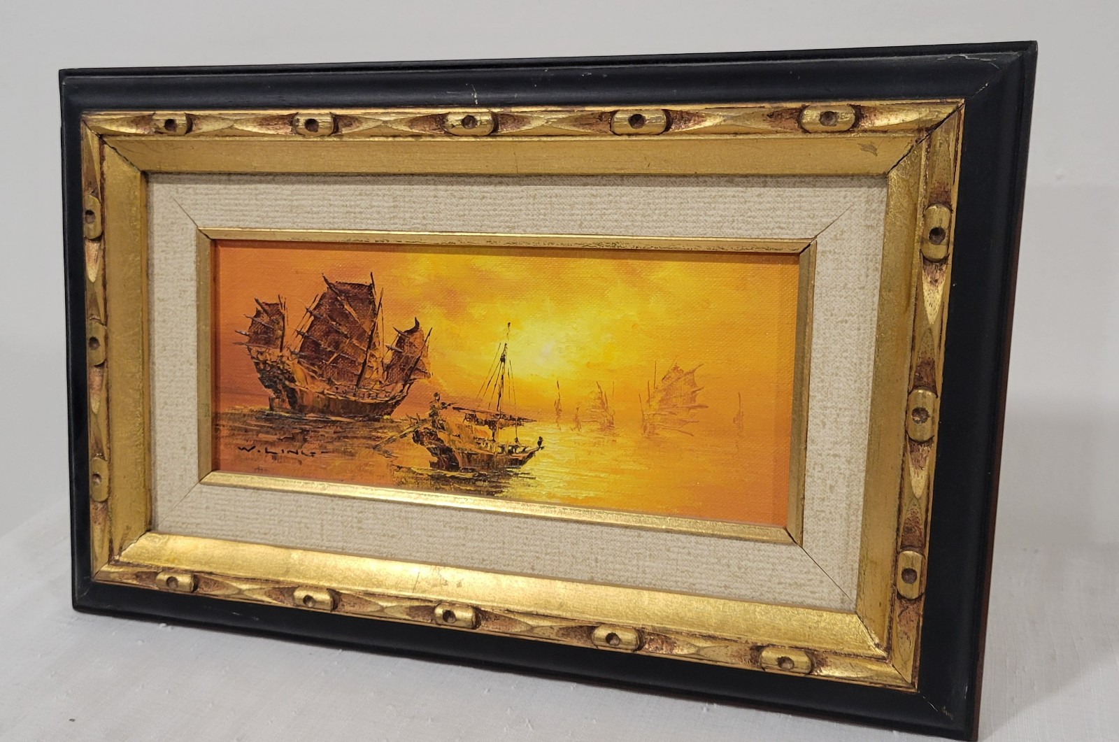 Vtg Oil Painting “Asian Junk Ship Sailing” On Board Framed Signed W.Ling