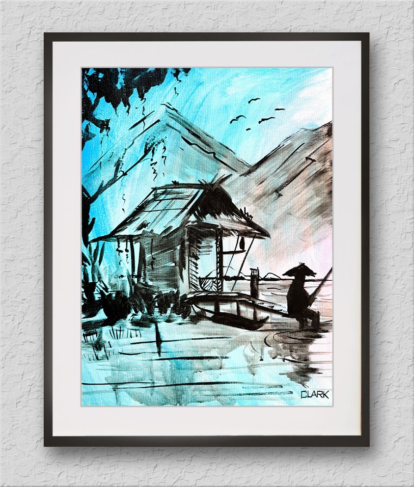 Abstract Asian Fishing Hut Landscape – Acrylic Painting 16×12″ Stretched Canvas
