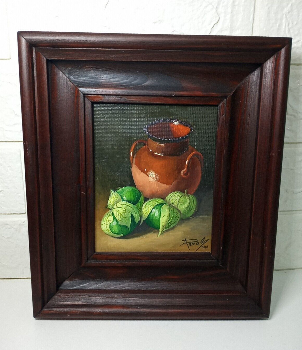Original Art Still Life Painting Vase w/ Tomatillos 2001 – Signed- Perez (Alex?)