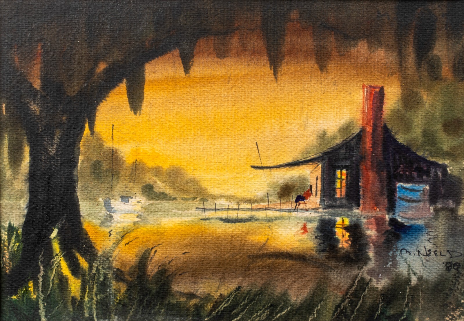 Vintage Watercolor, Louisiana Bayou Country by Martin Neeld, New Orleans, 1980