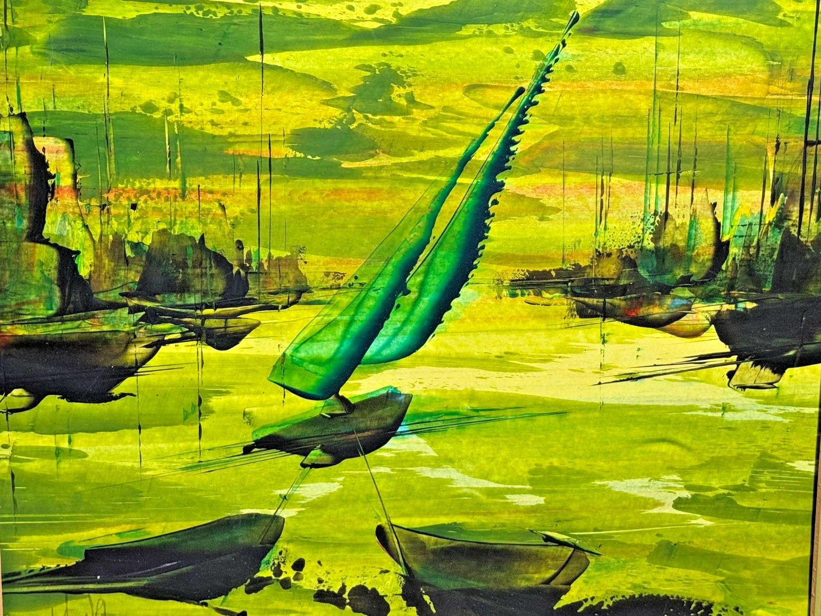 Vintage MCM Abstract Green Tone Sailboat Modern Art Wall Hanging Mid Century Art