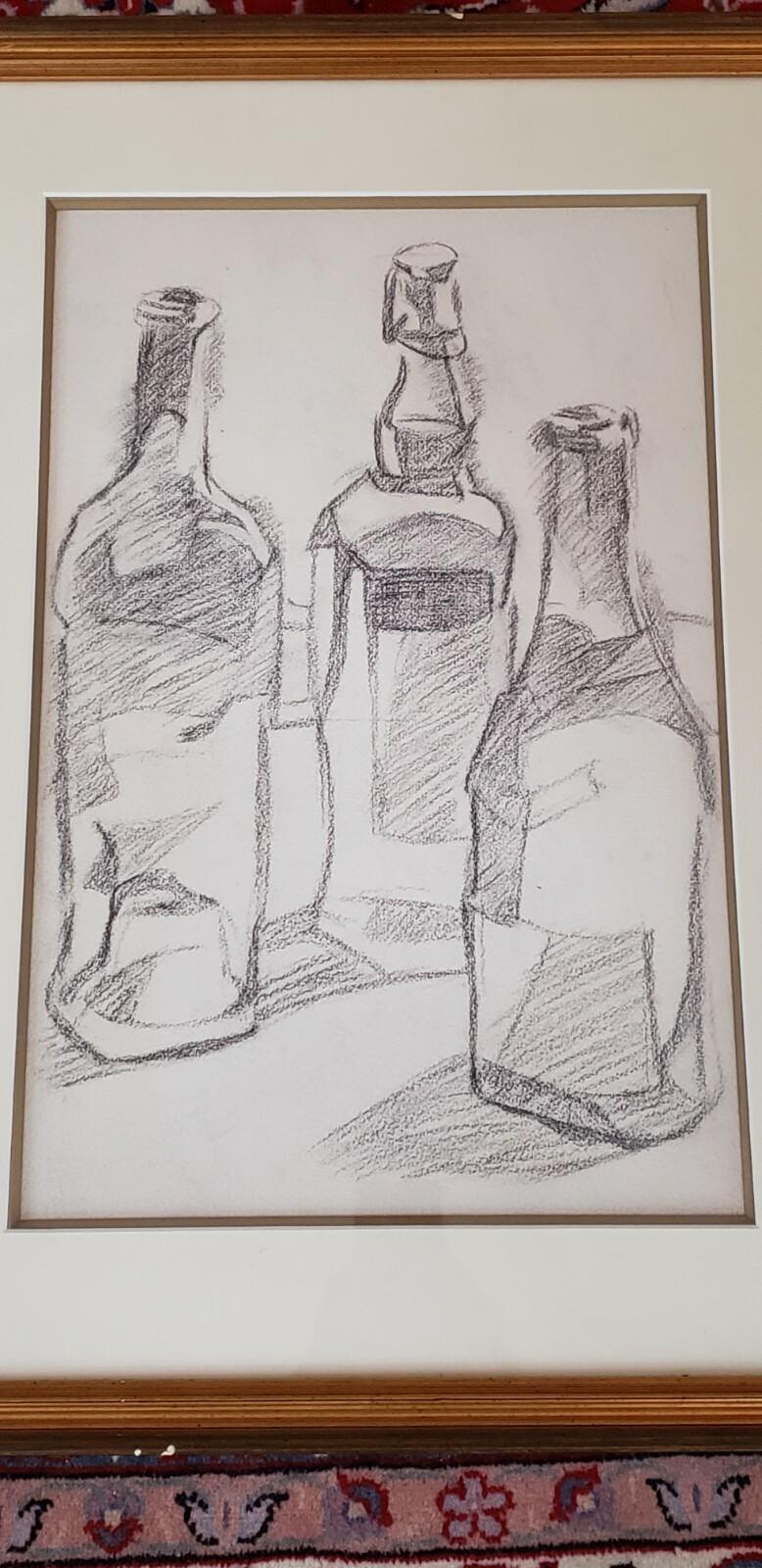 Three Bottles charcoal on paper painting
