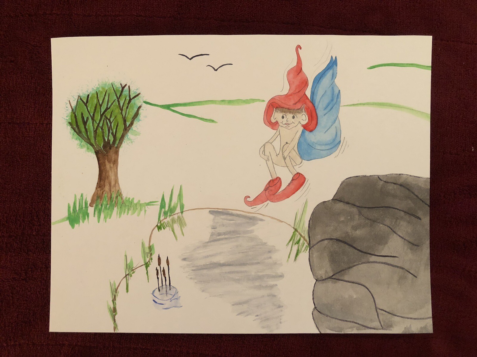 Elf Watercolor Print-Jumpin’ In The Pond- 8 1/2″ x 11″ Print