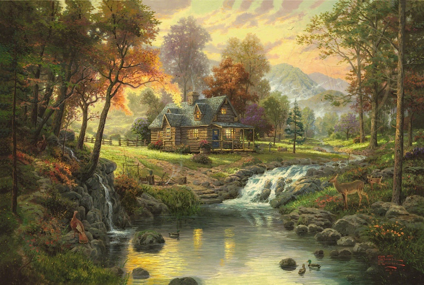 Thomas Kinkade Mountain Retreat 18X27 S/N with COA Oil on Canvas