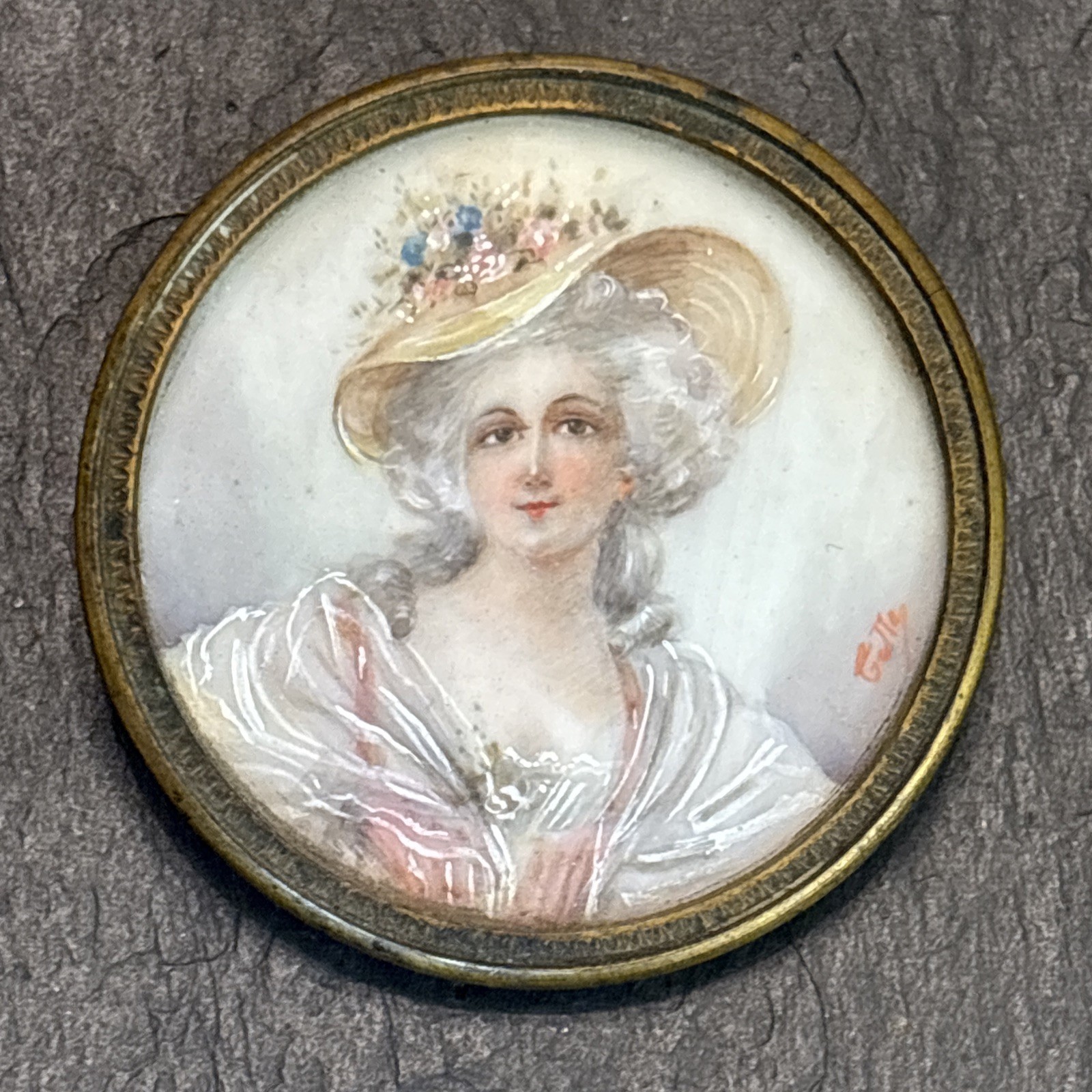 Antique French Miniature Painting Portrait Signed Bronze Round Frame France 1c