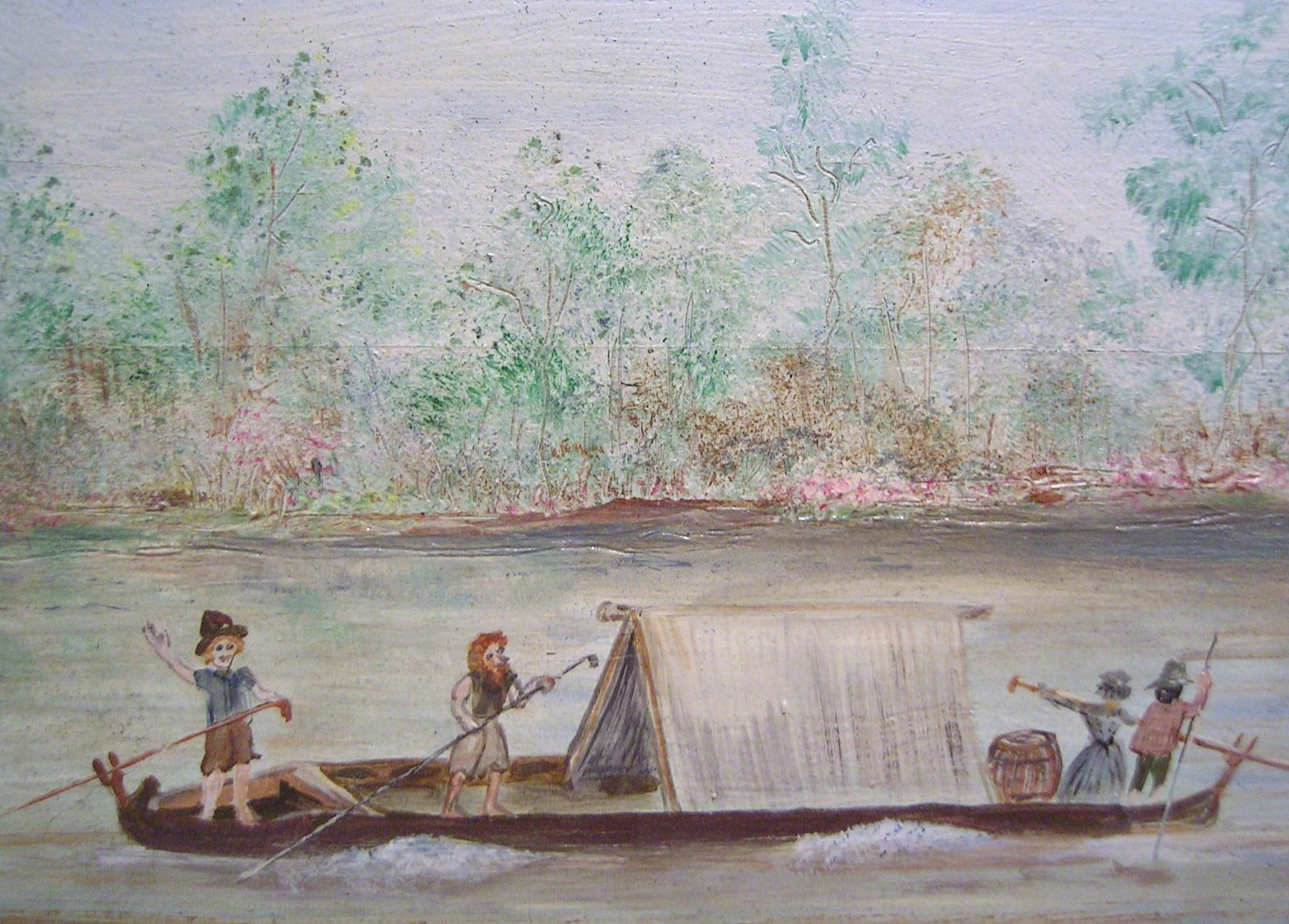 Vtg Folk Art Figures in Landscape Oil Painting Ships at Sea Signed