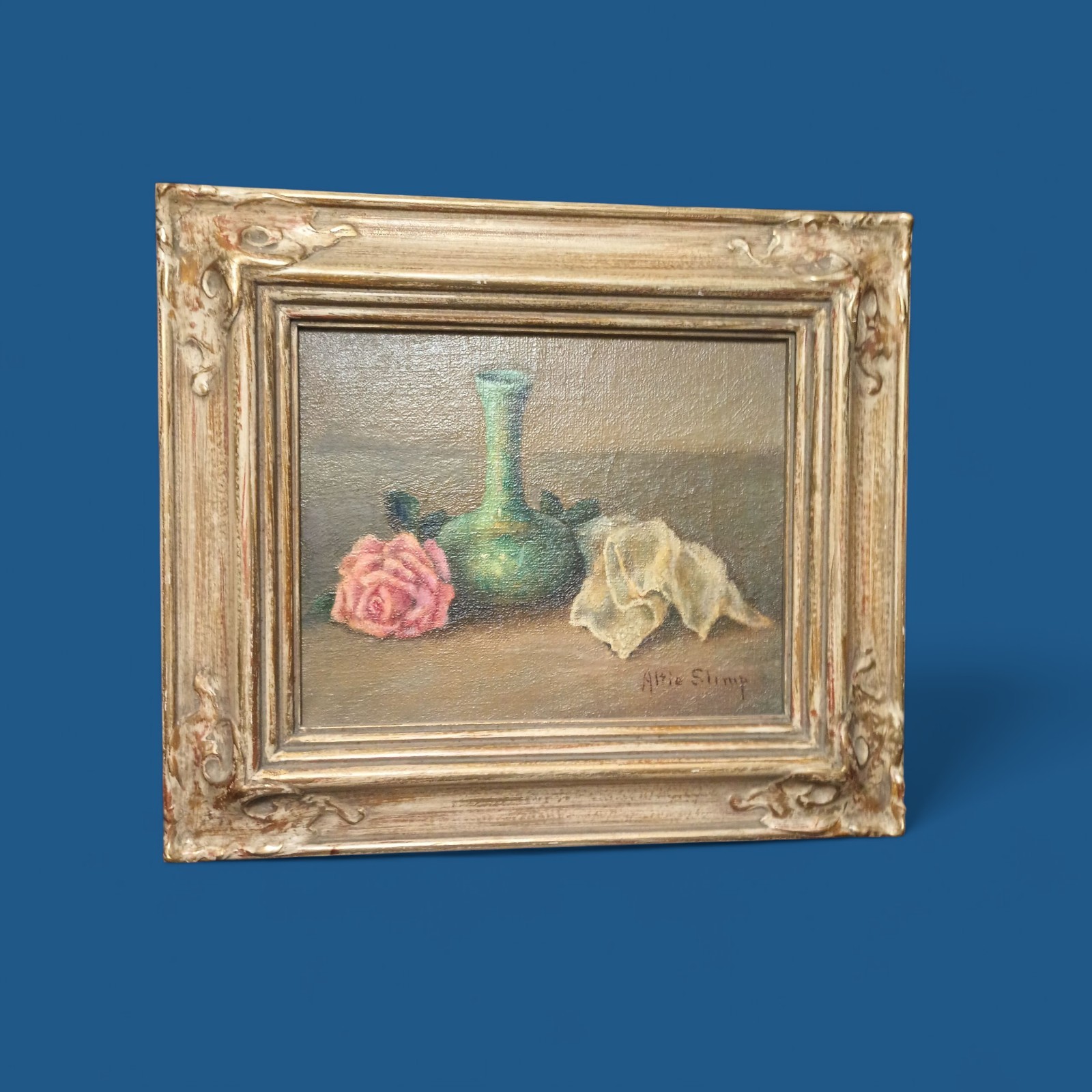 Oil Painting Vase Pink Roses Still Life Signed Altie Slimy 1950 Framed 14.5×12in