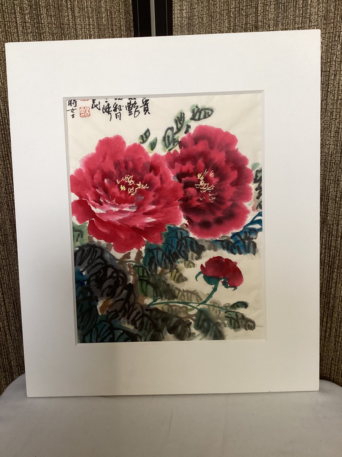 Orig Handpainted Chinese Painting Peonies on Ricepaper Calligraphy Seals Matted