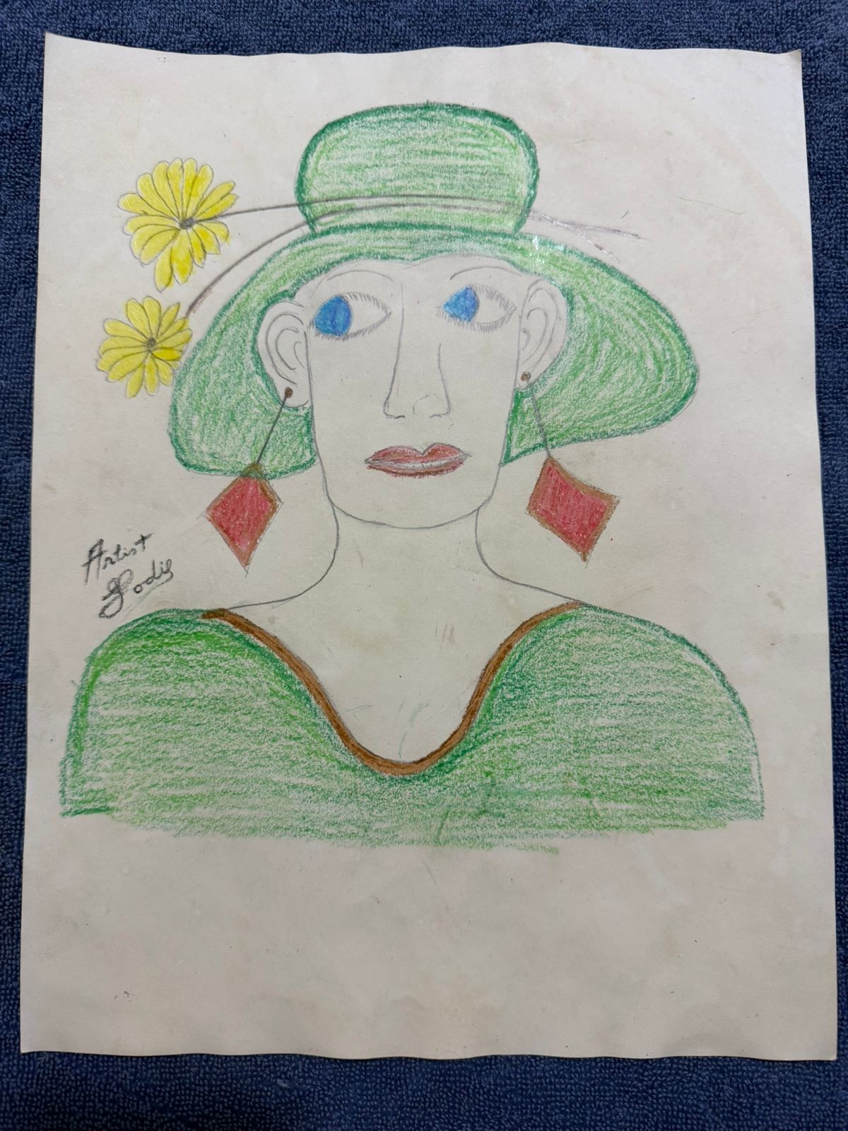 Lee Godie – painting drawing 12.5 x 9.8 in on old paper signed stamped