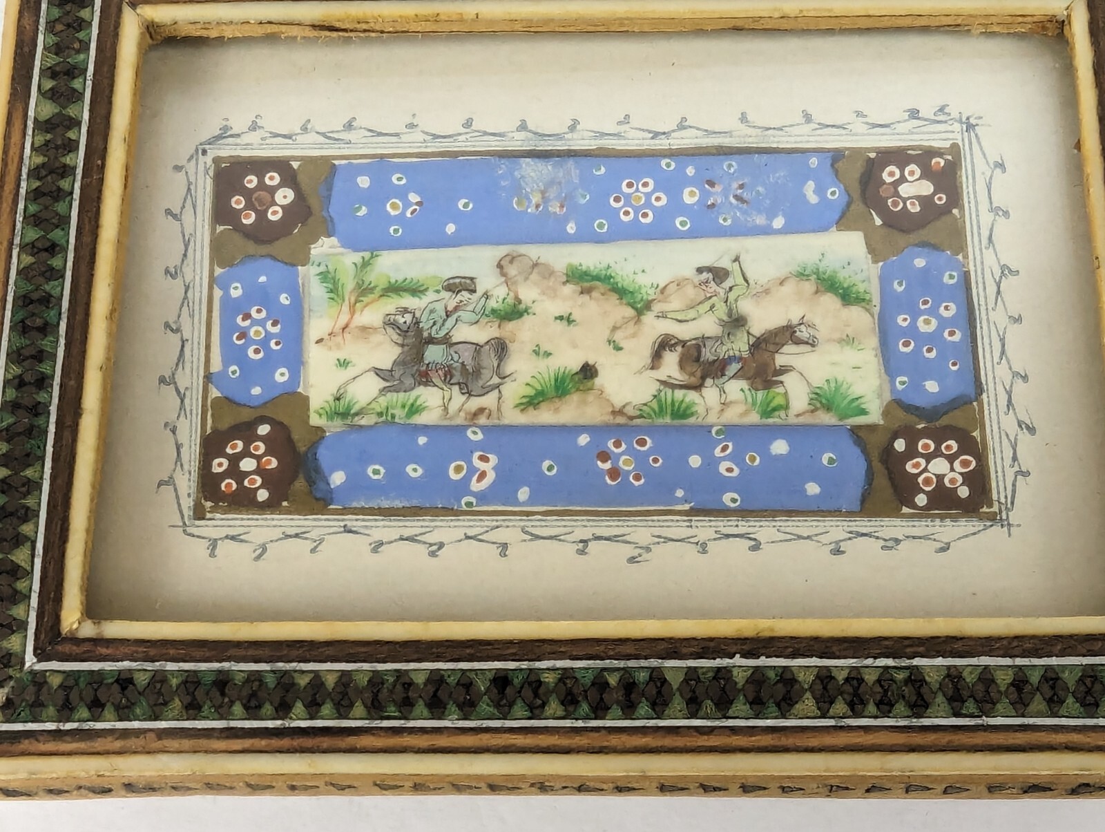 Khatam Inlay Marquetry Mosaic Frame Antique Persian Mini Painting 5″ x 3.75″