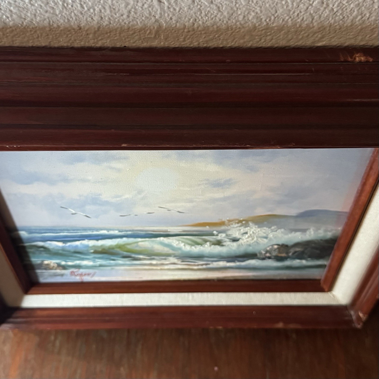 Original Oil Painting Seashore Birds Beach Wood Frame Signed 7.5”x9.5” 12.5”x14”