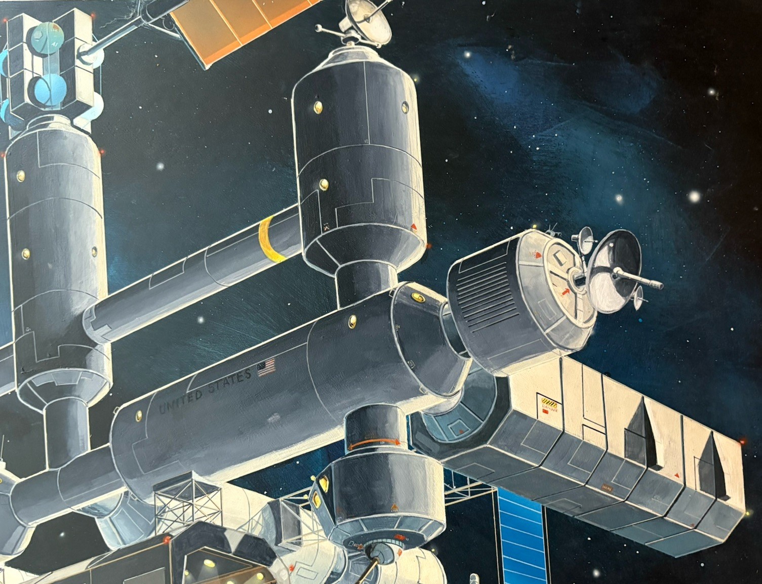 Large 30”x40” Space Station Painting Vintage Technology Aerospace Graphic Artist