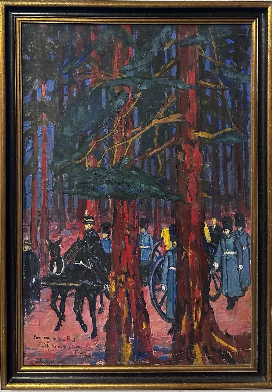 Antique Expressionist Painting: Military Procession , Oil On Canvas , 1972