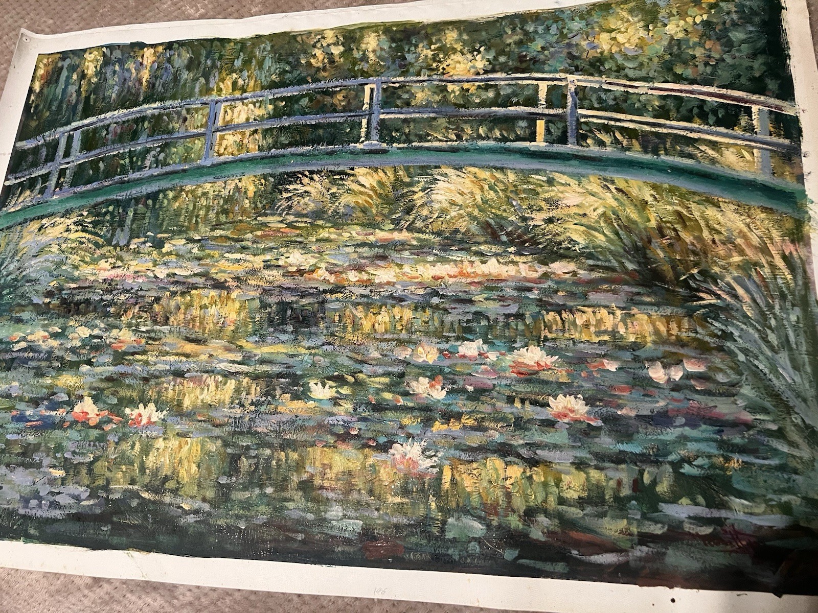 Claude Monet Water Lilies Japanese Bridge Hand Painted Oil Signed Repro 39 X 27