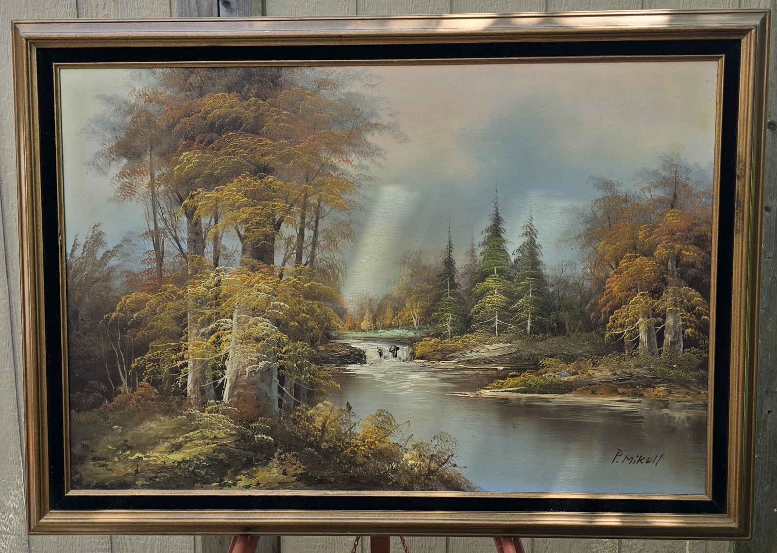 Vintage Original Oil Painting On Canvas Signed By P. Mikell River Stream Forest