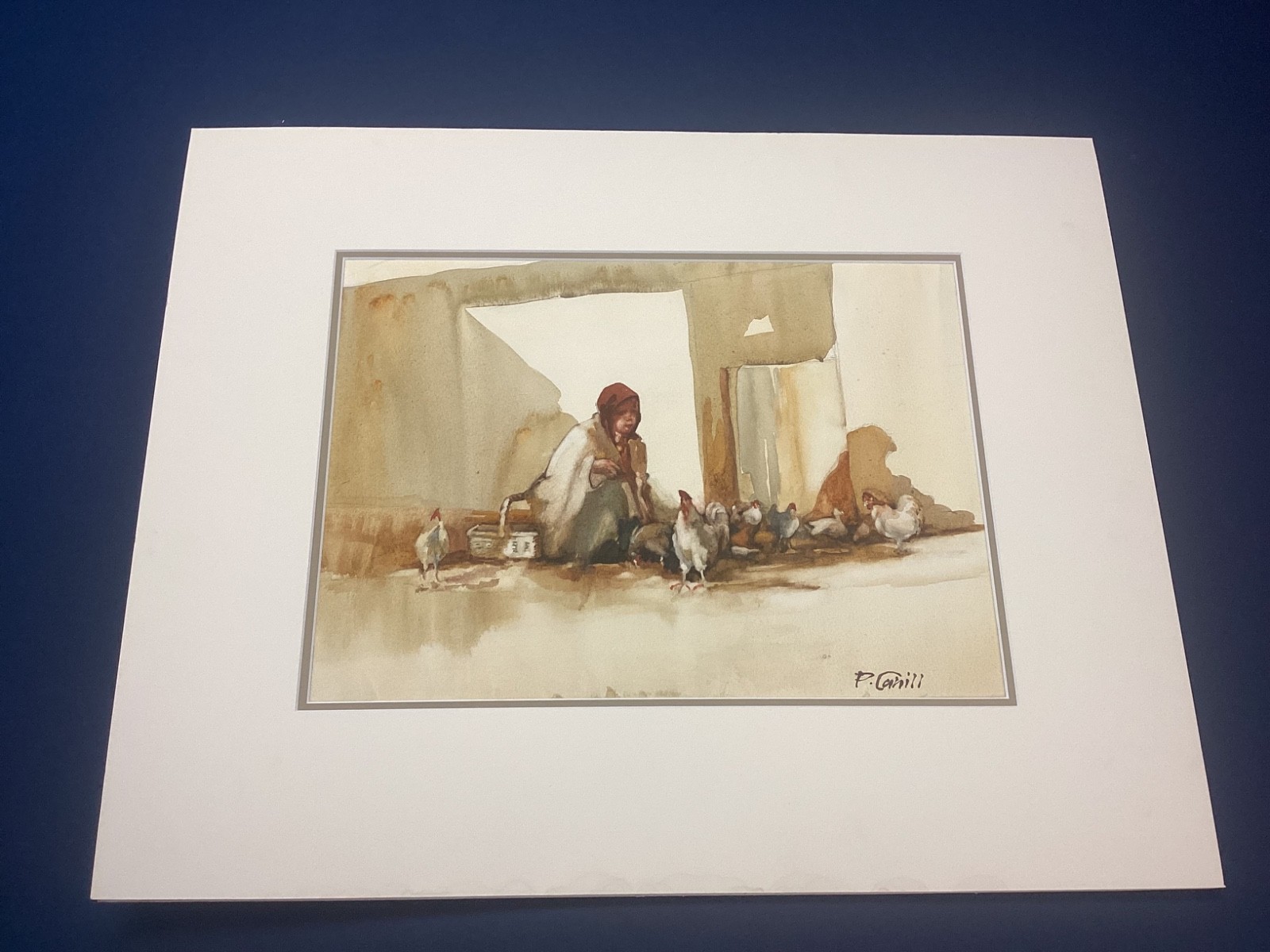Patrick Cahill Irish Artist Watercolor “Woman Feeding Chickens”
