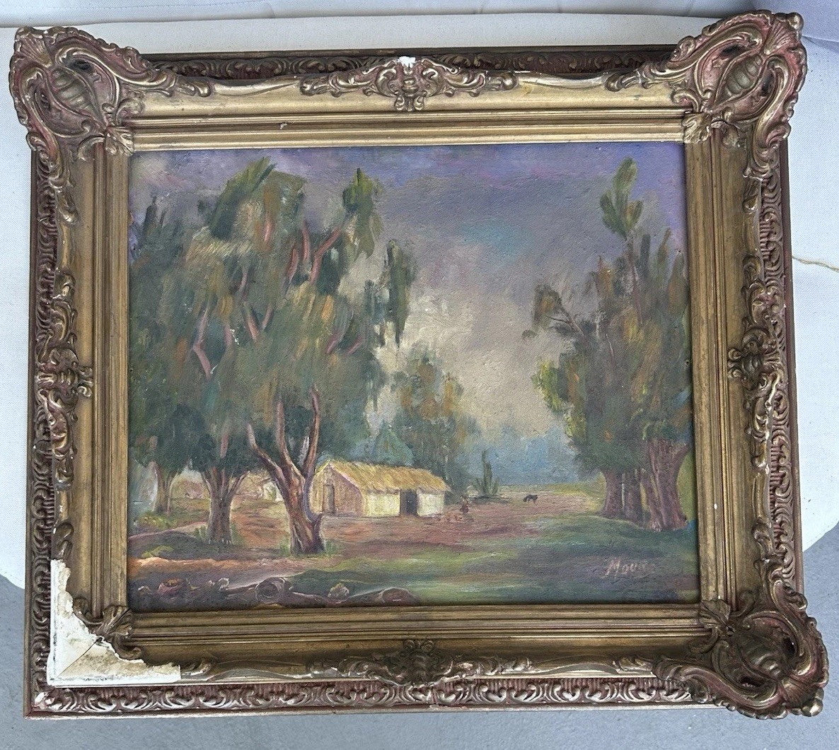 Late 1800s-early 1900s Oil On Board Painting Rustic Home Landscape Antique Frame