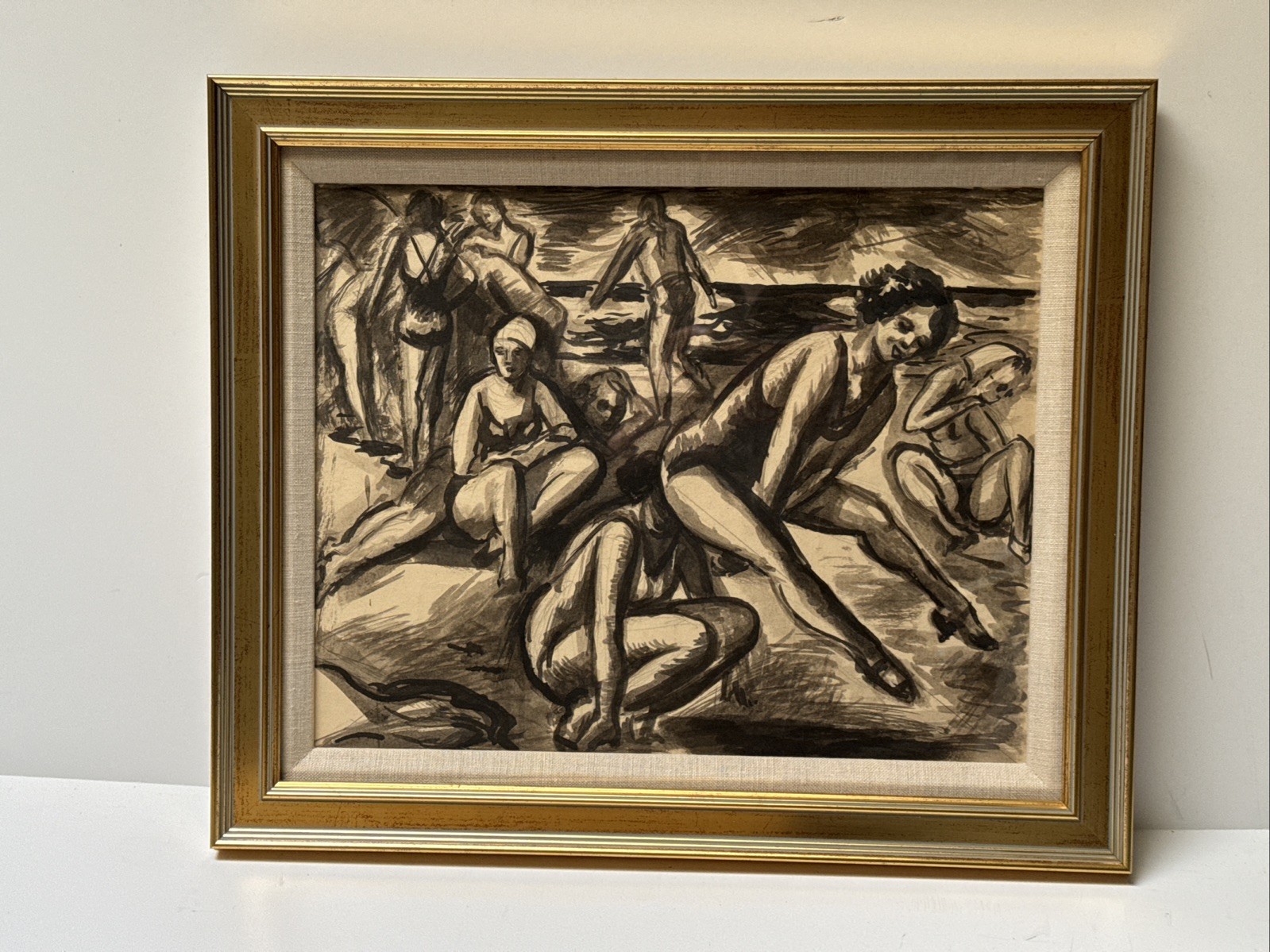 Jo Cain Painting Beach Scene Coast Woman Women WPA Famous Listed Antique 1940’s