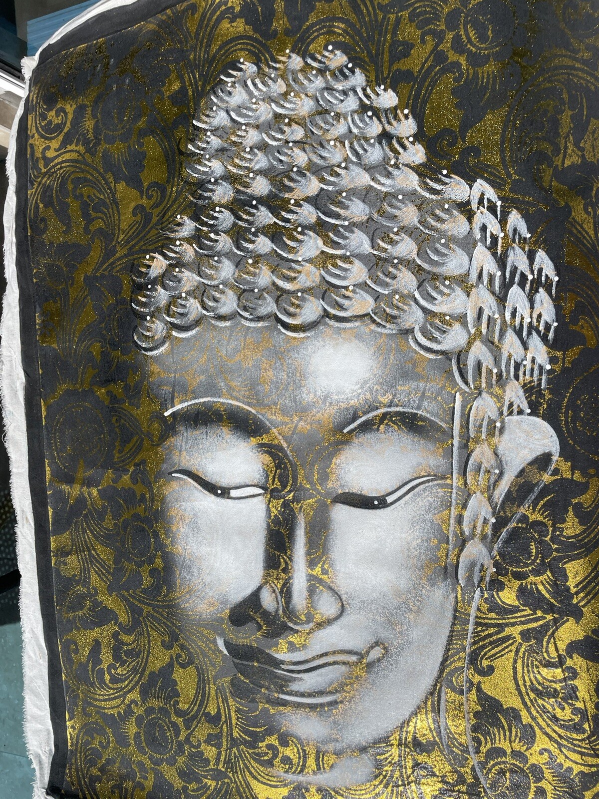 Vintage Silver Oil painting Buddha 34@27 In Unframed Gold Texture