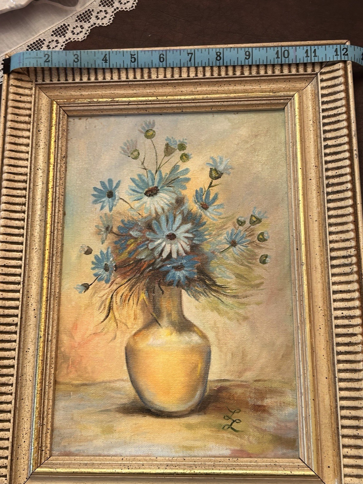 Canvas Oil Painting Blue Flowers In Vase Wood Frame Signed LL By Artist
