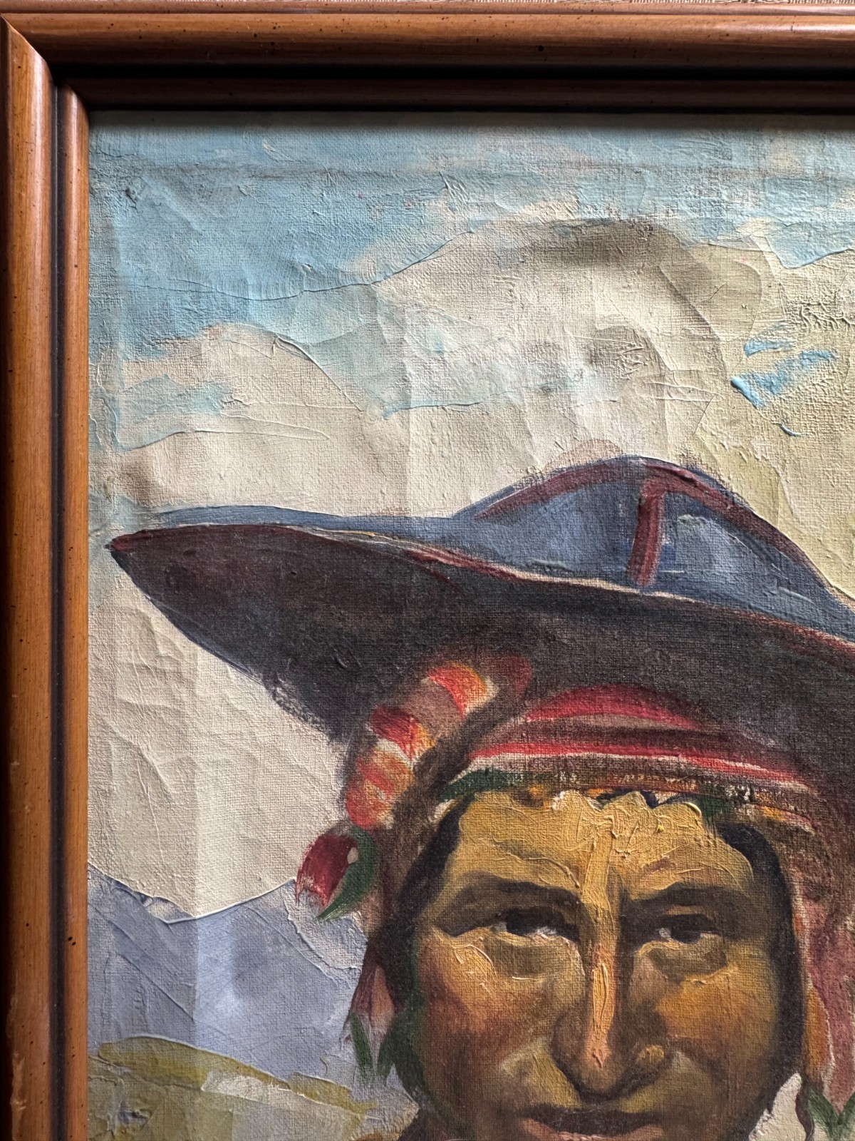 Vintage N A Initialed Andean Man Portrait Oil Painting on Canvas Wood Frame 13.5