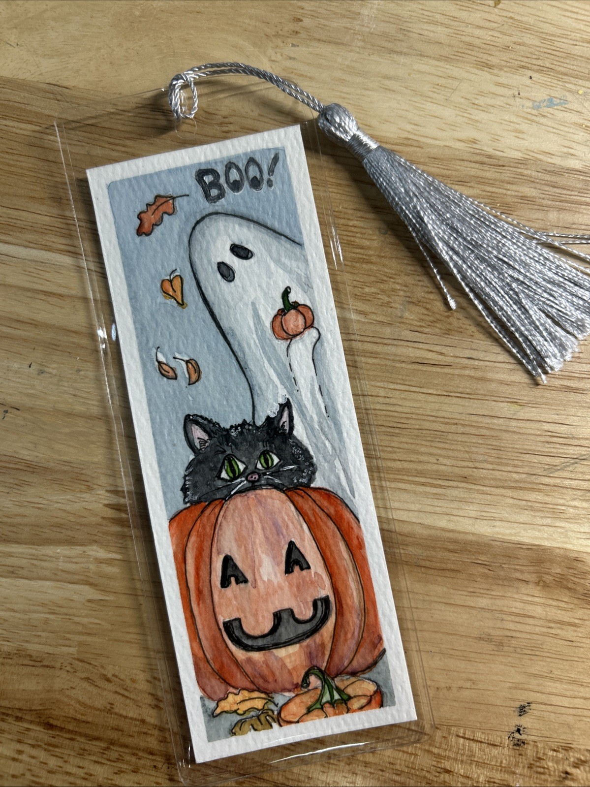 OOAK Bookmark Halloween Cat Ghost Watercolor & Ink Hand Painted Artist Signed