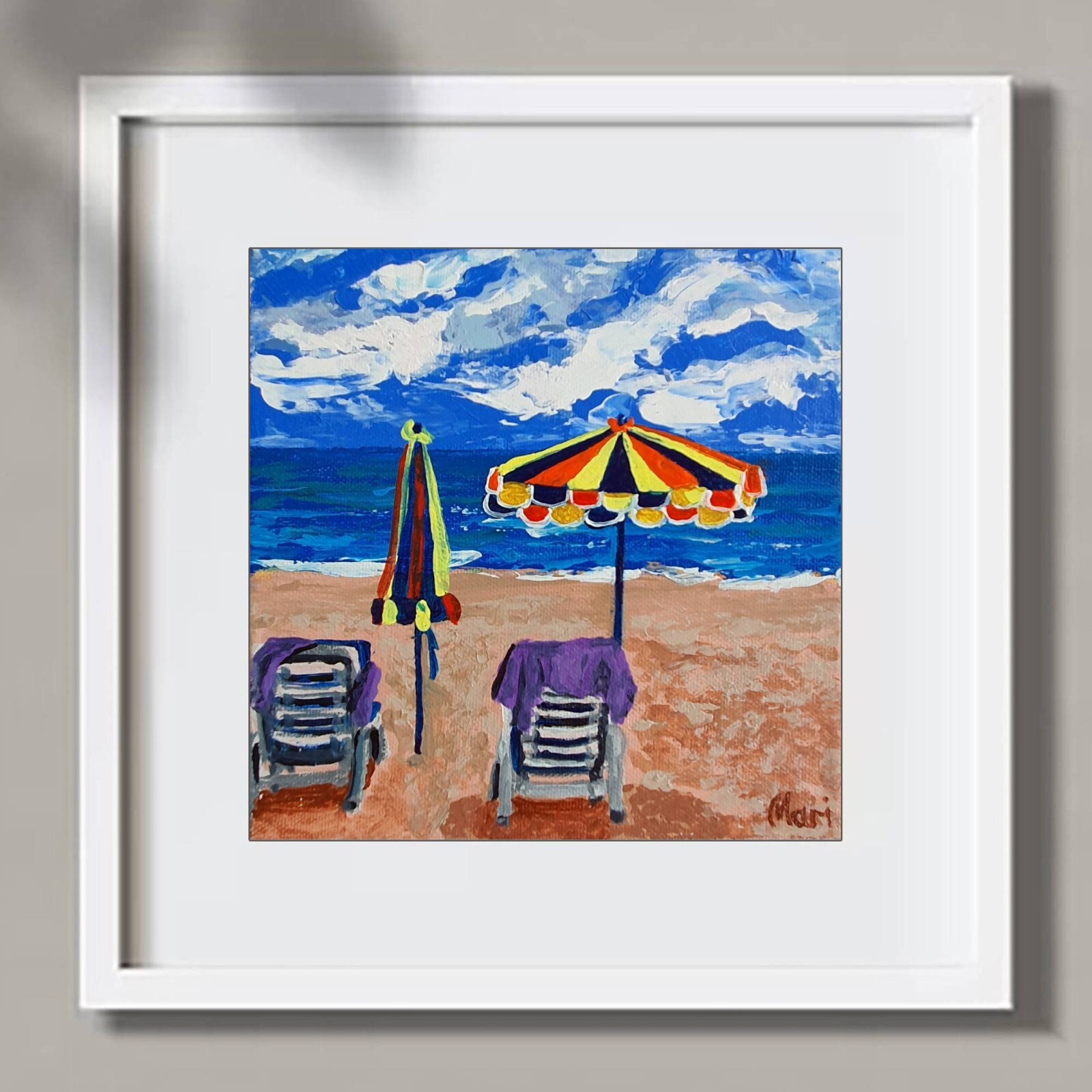 Beach Chairs Umbrella Painting Original Art Coastal Ocean Summer 8×8 in Florida