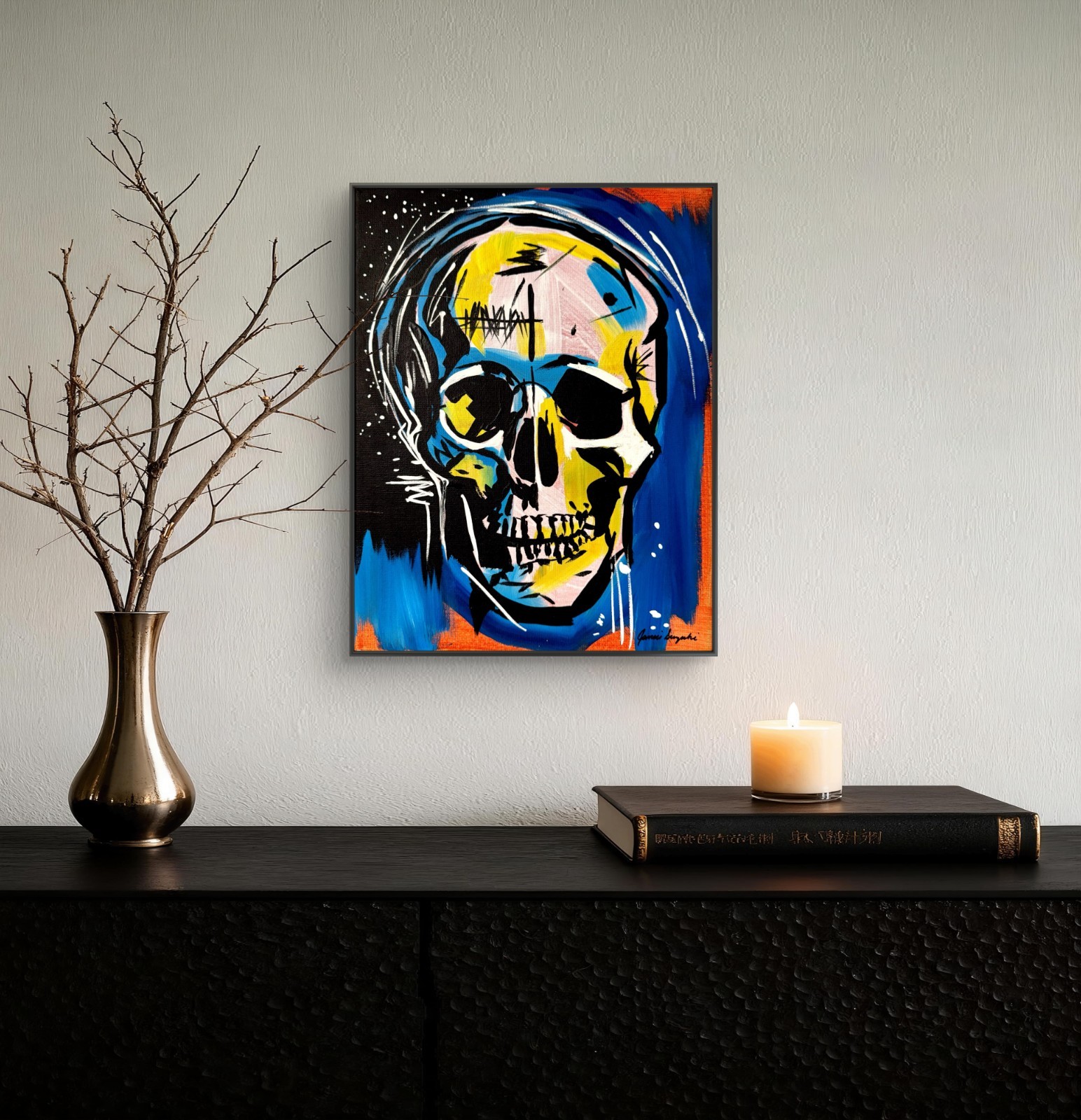 JANICEART Original Skull 11×14 Blue Orange Bold Abstract Acrylic Canvas Wall Art