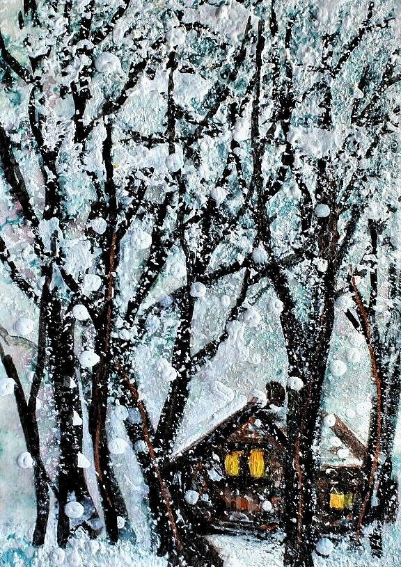 ACEO Original Winter CABIN Pine Tree PAINTING Snow Holiday Nature Landscape ART
