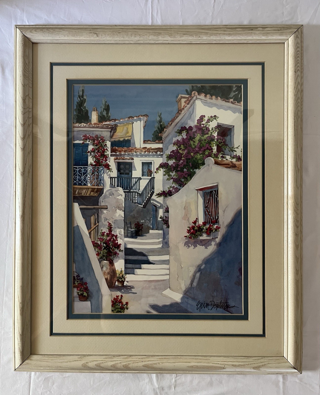 Original Watercolor Art – Erin Dertner – Greek Village Scene – Framed 19.5×23.5”