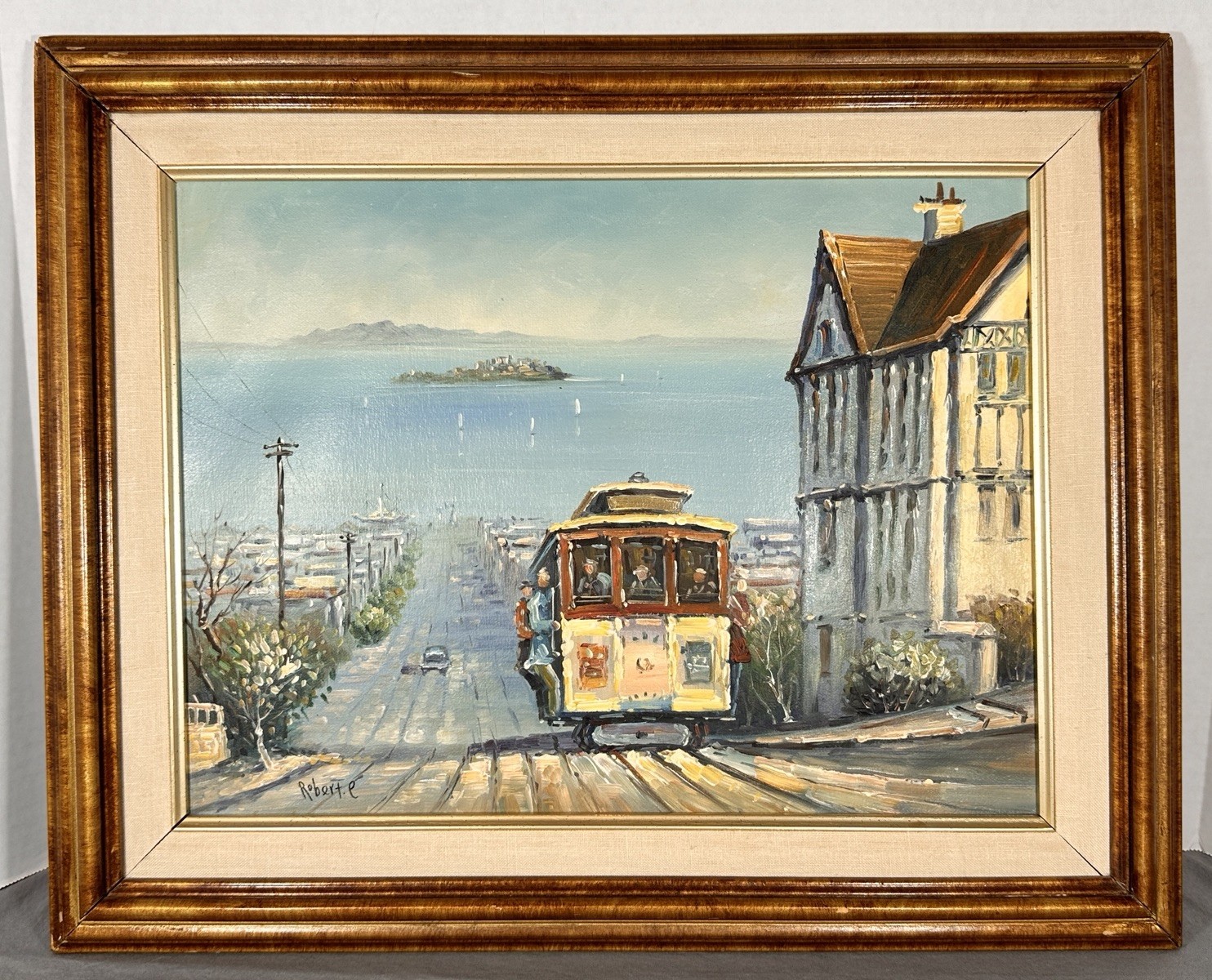 Vintage Oil Painting San Francisco Cable Car Alcatraz Bay Signed Robert E Framed