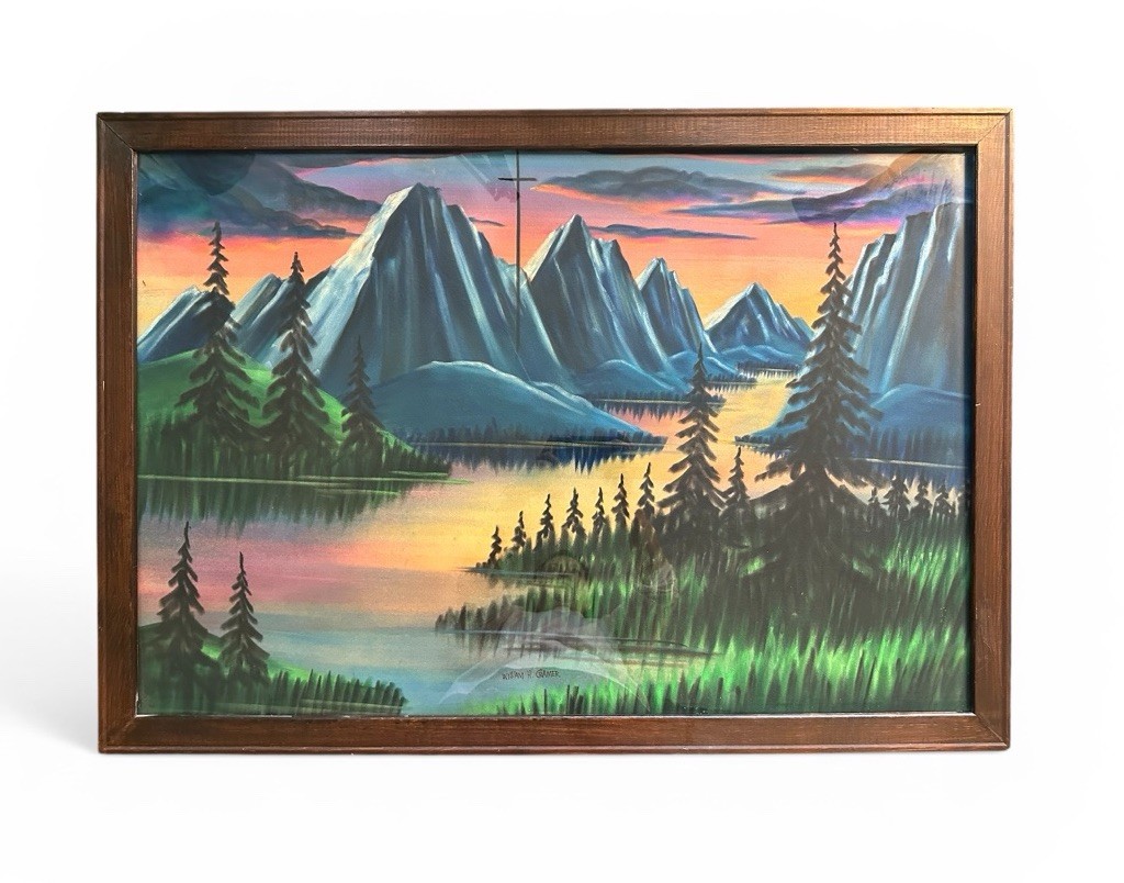 Vintage Black Velvet Painting Signed MCM Cross Mountains Lake Trees Framed Glows