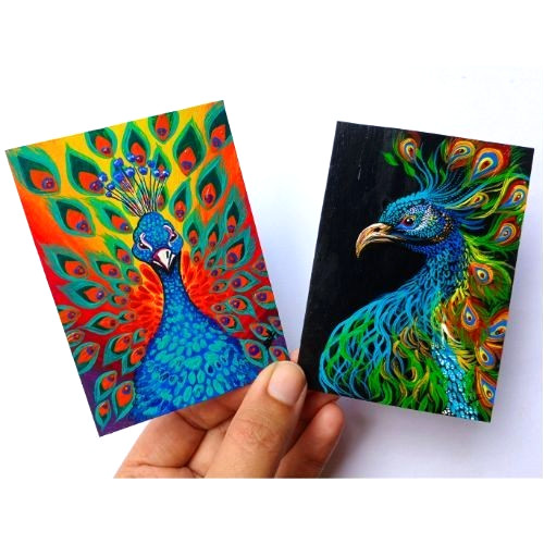 2Pcs ACEO Original Peacock Bird Acrylic Animal Nature Pop Art Set Hand Paint NEW
