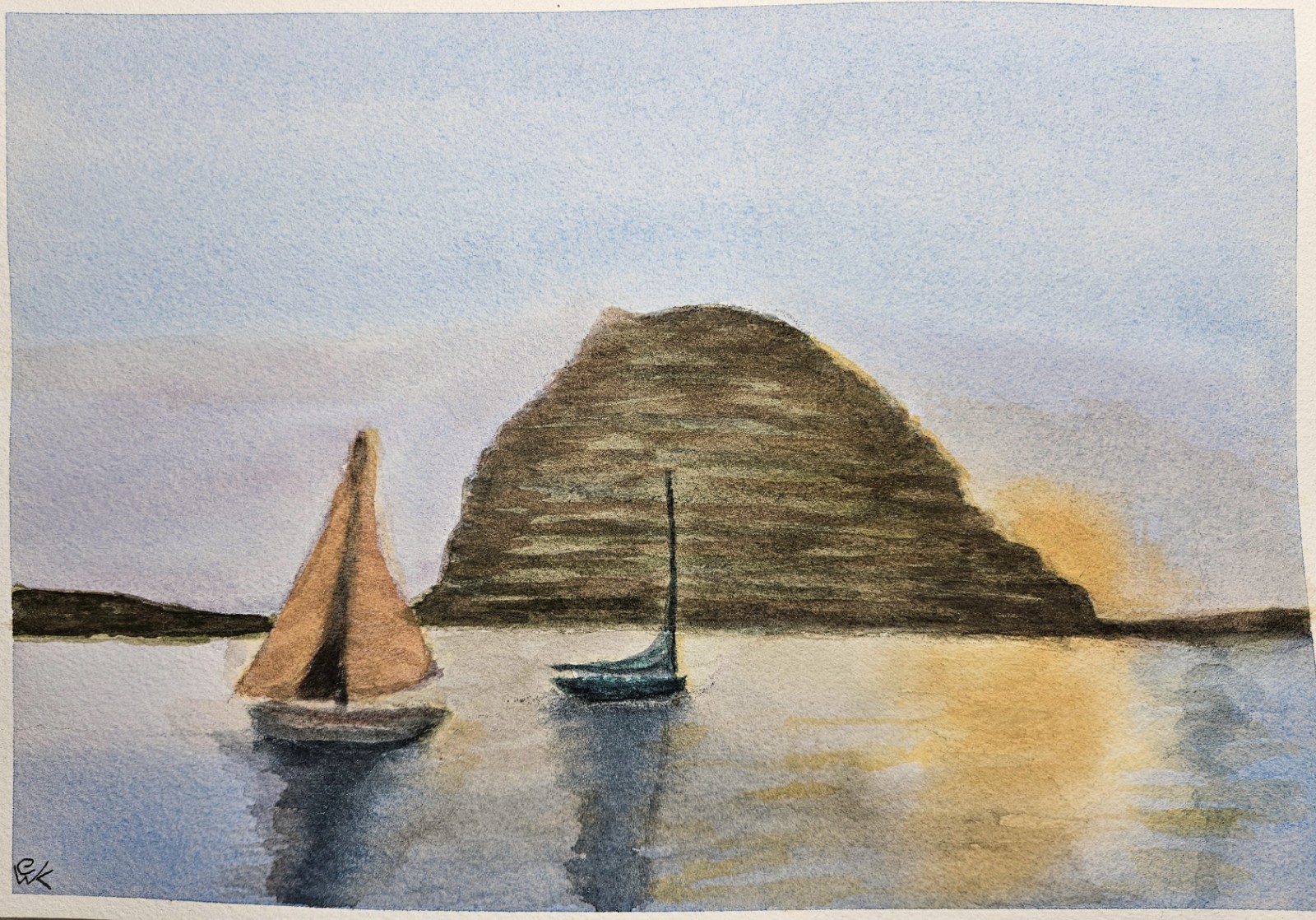 Original Watercolor Painting Sailboats Sunset Morro Rock Seascape 10×7 Signed EW