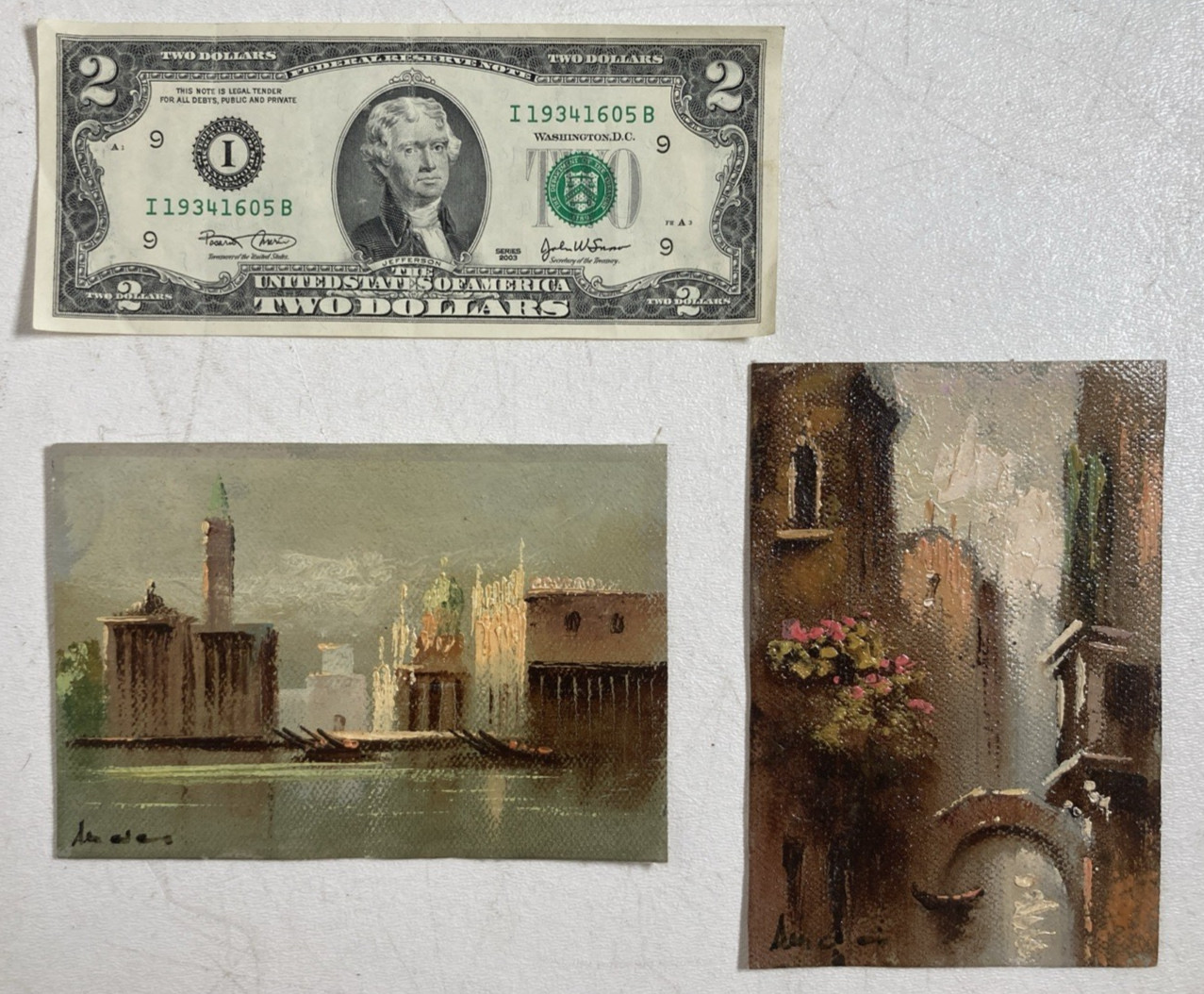 Vintage Original Miniature Oil Painting Architectural Cityscape 2x Signed 1985