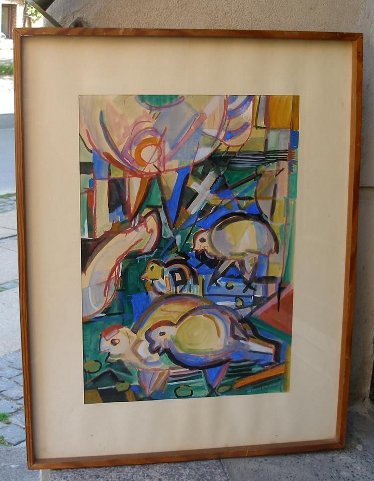 Frank Rubin (1918) Funky Chickens. Dated 1958. Fine cubist composition.