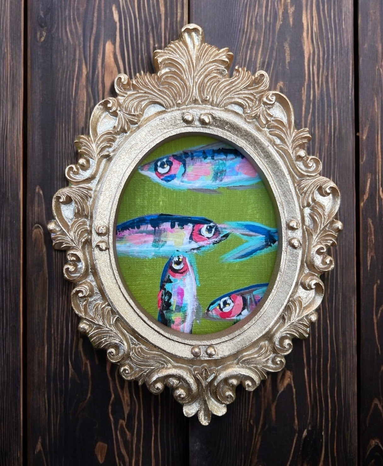 Colorful Sardines watercolor fish print in mini gold vintage style ornate frame