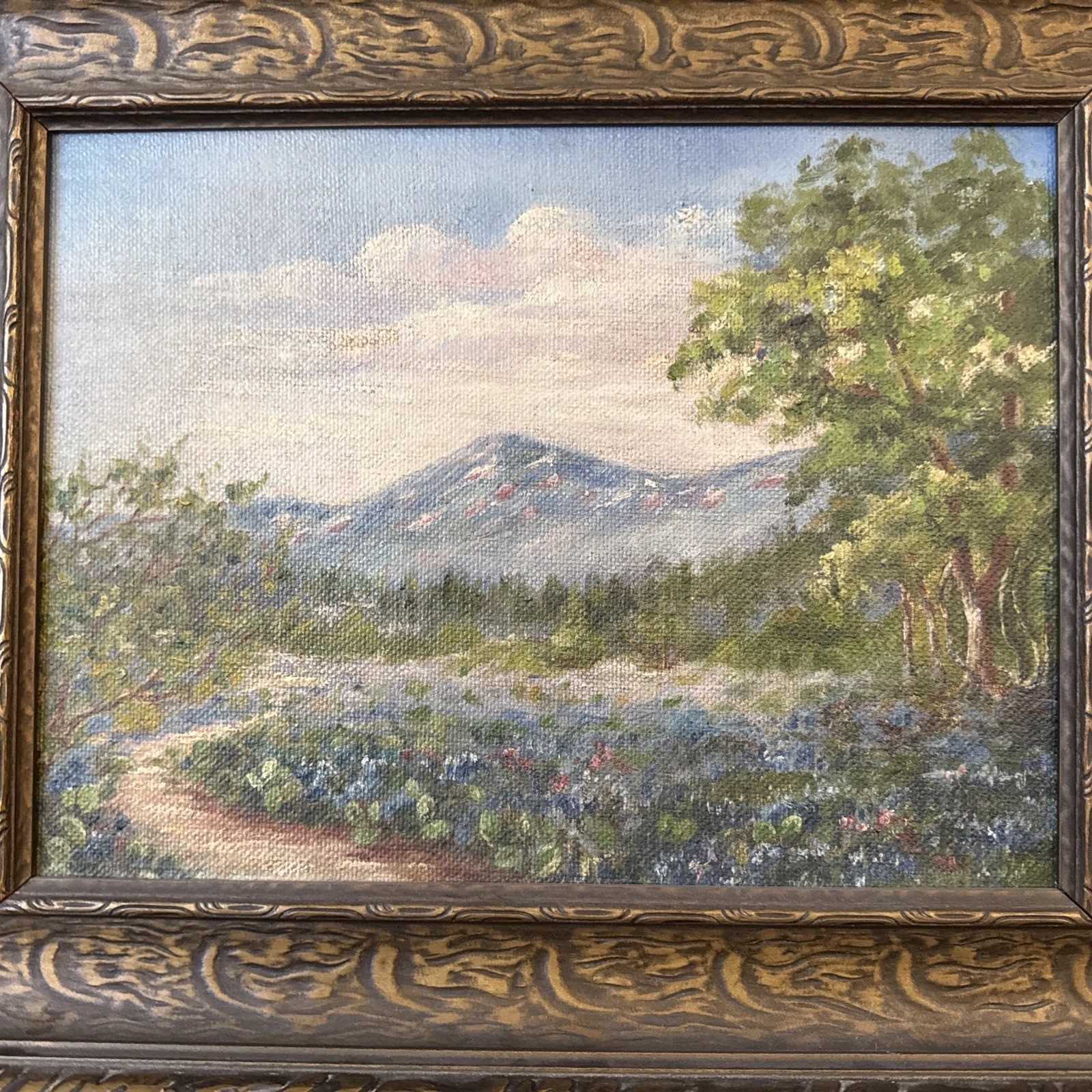 12×9 Vintage Peaceful Landscape Textured OilPainting. Circa 1910 Framed