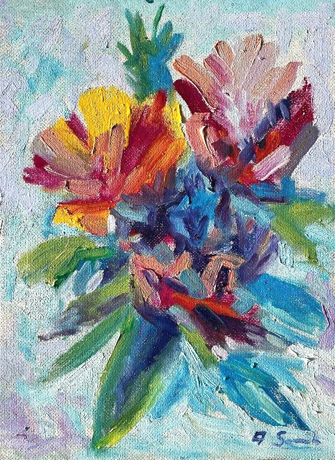Original Floral Oil Painting Colorful Flower Bouquet Impressionist Art 12×16