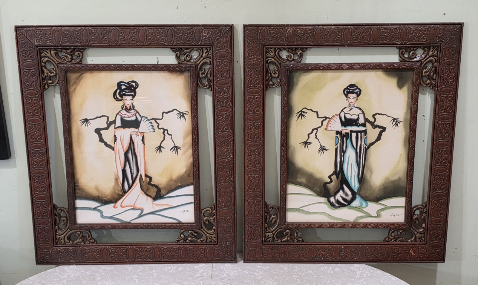 (x2) MCM 1950s East Asian Watercolor Paintings Pair Ornate Frames Signed…