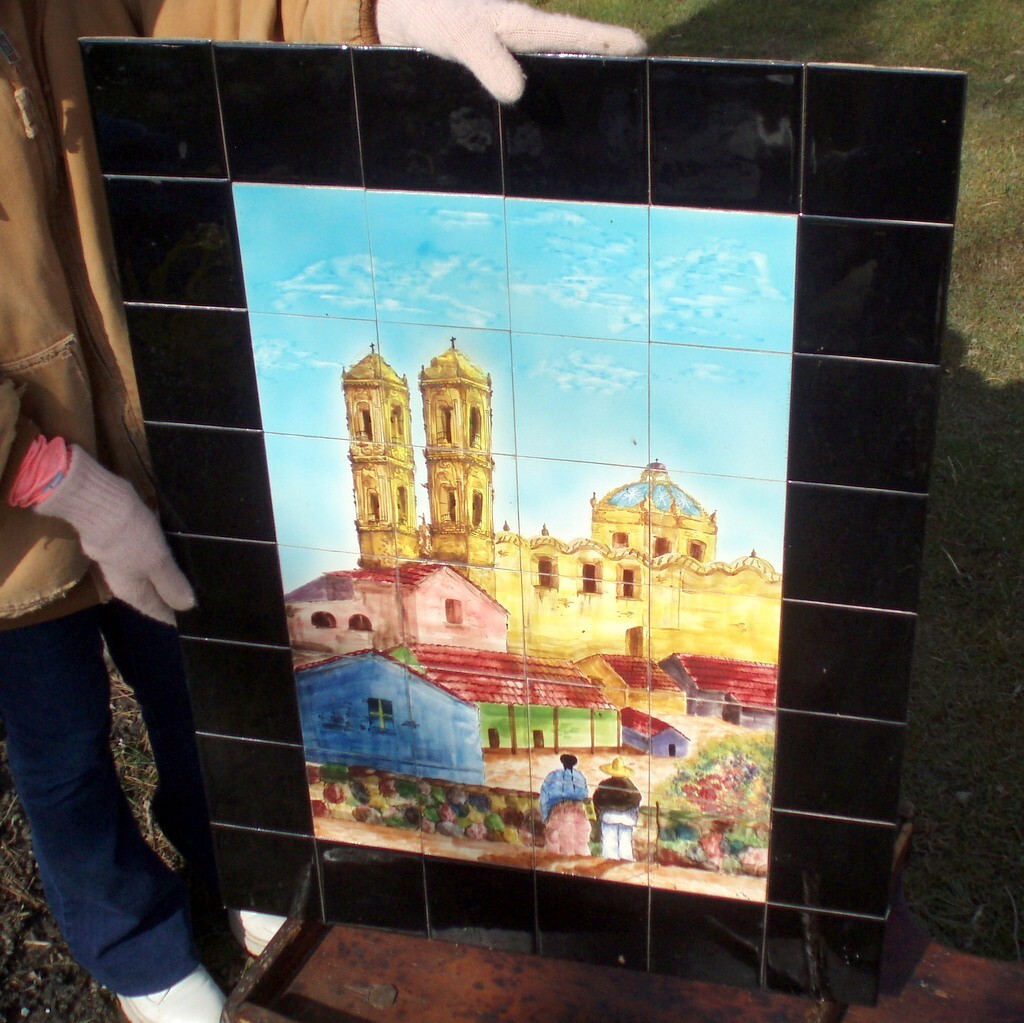 ANTIQUE PAINTED CERAMIC TILE ART WORK NATIVE CULTURES & ETHNICITIES TILE MURAL