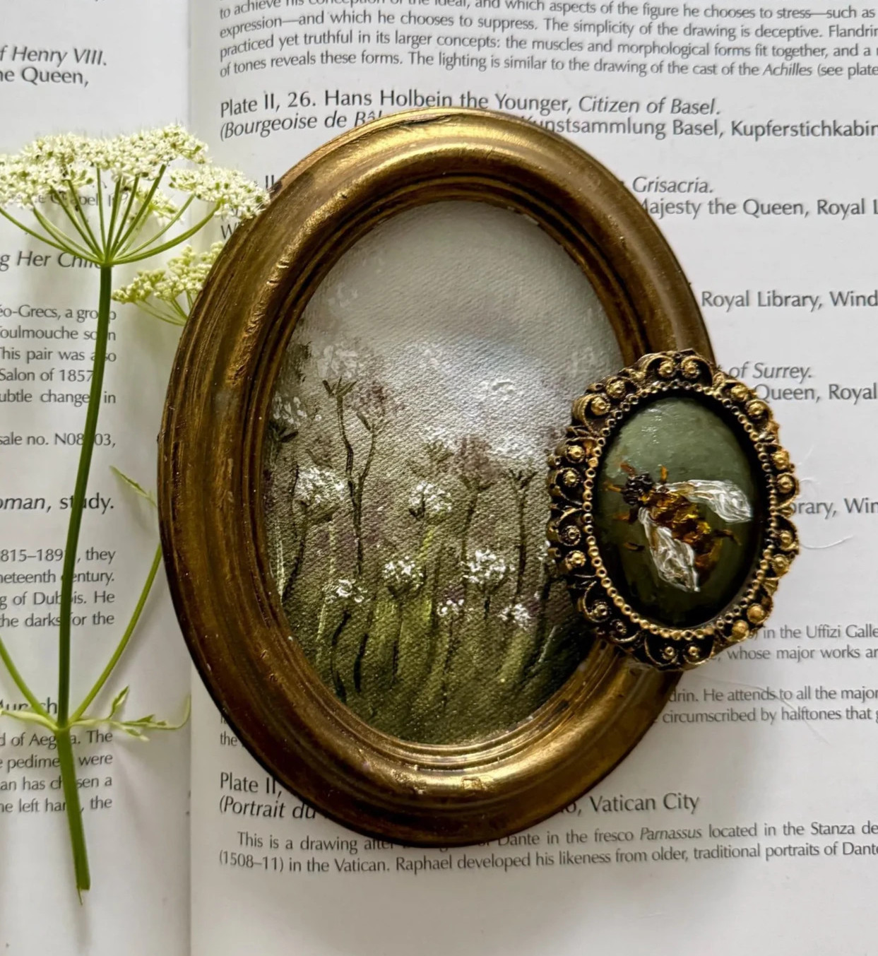 Original Oil Painting, Bee Queen Anne’s Lace Miniature Art, Handmade Frame
