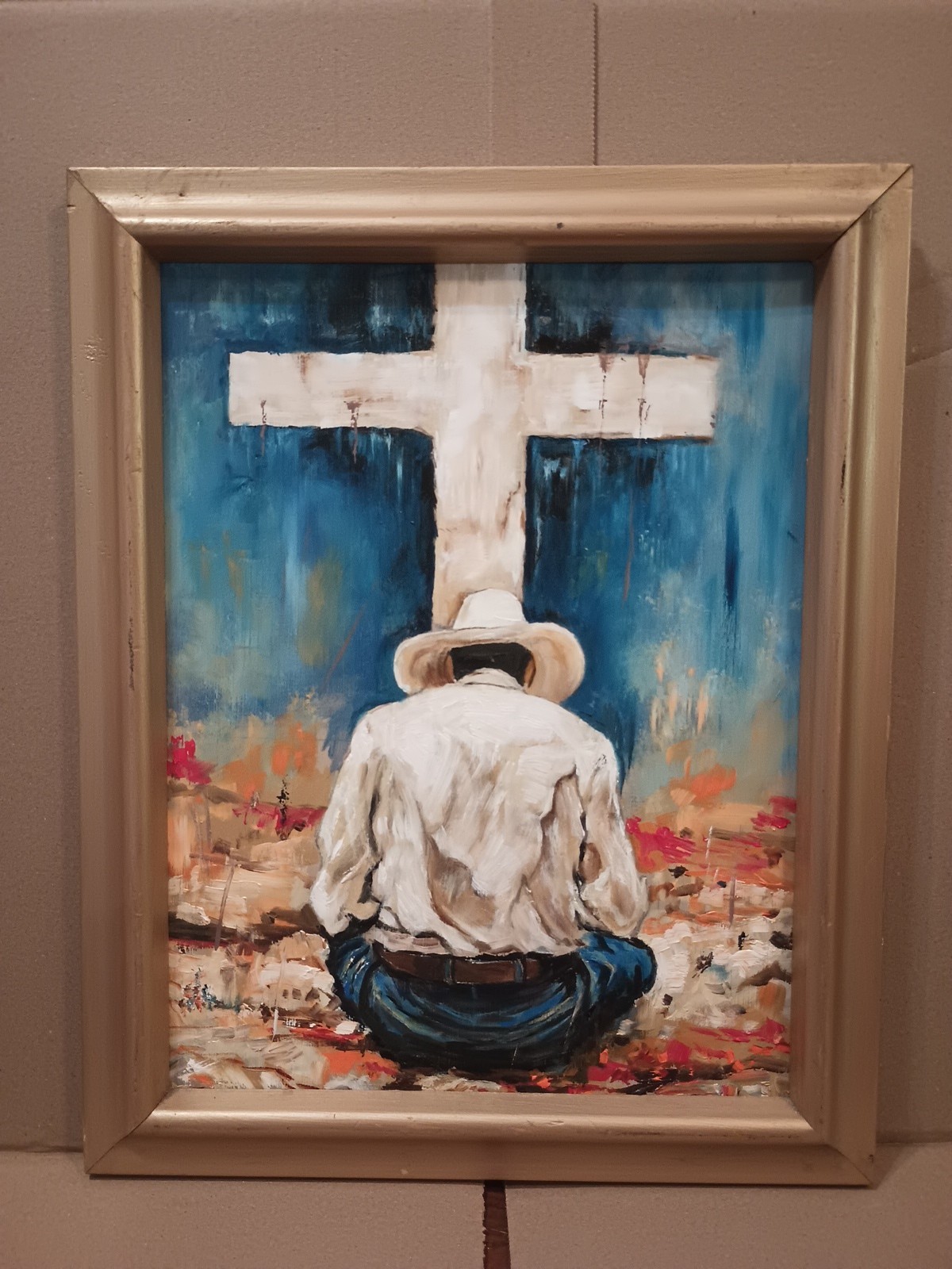 Awesome Cowboy Praying Oil Painting In Wood Frame 🎨 15 1/4 X 12