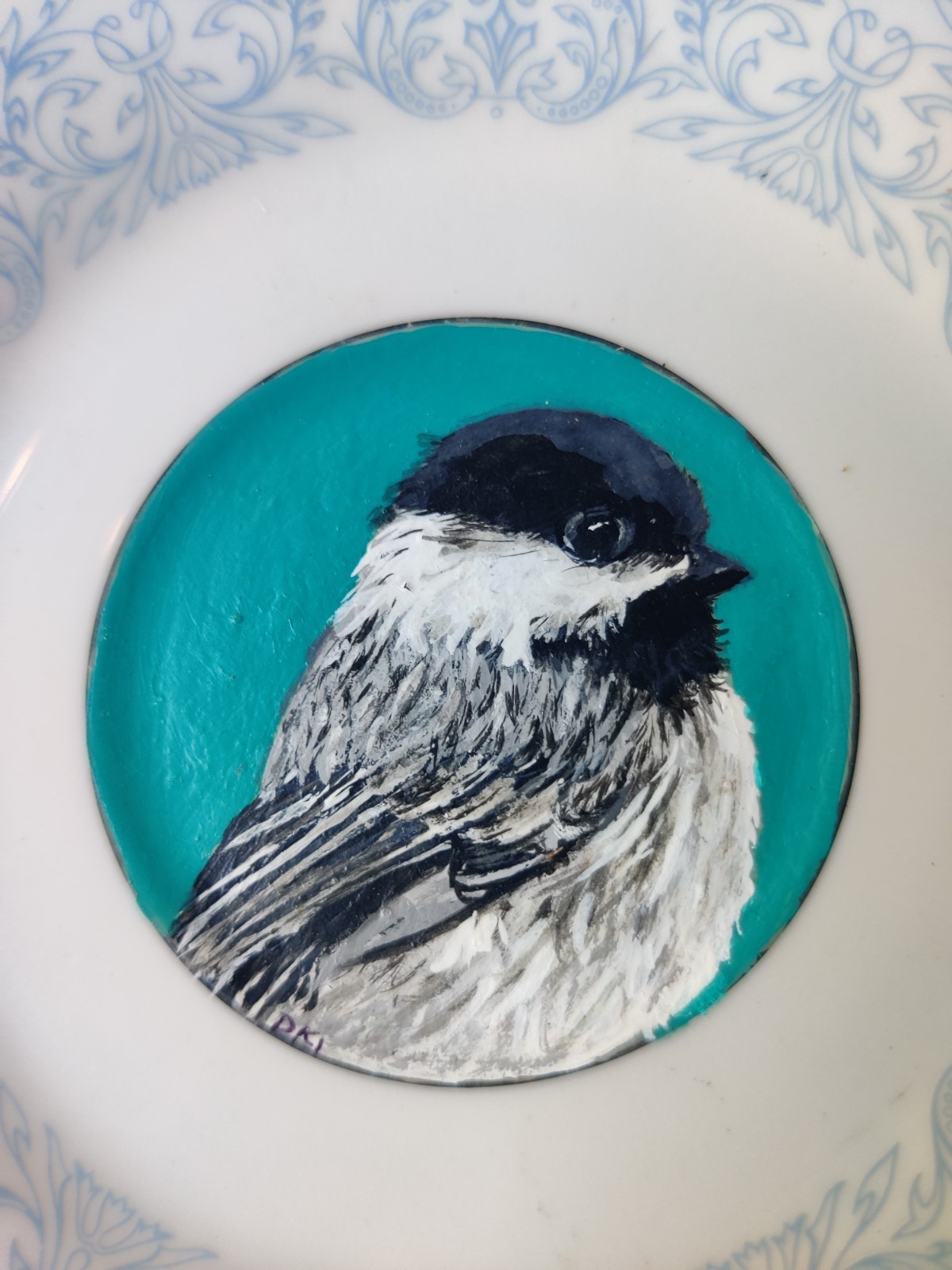Original Miniature Chickadee Portrait Painting 2.25″ on Vintage Saucer 5.5″ OOAK