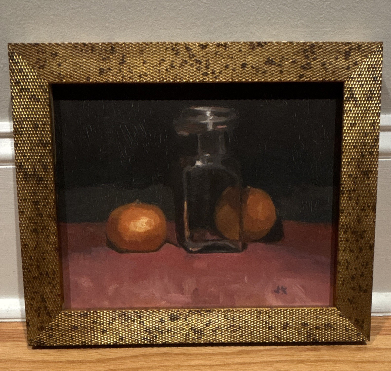 JK Signed Framed Still Life Painting w/ Fruit and Glass Bottle, Single Piece