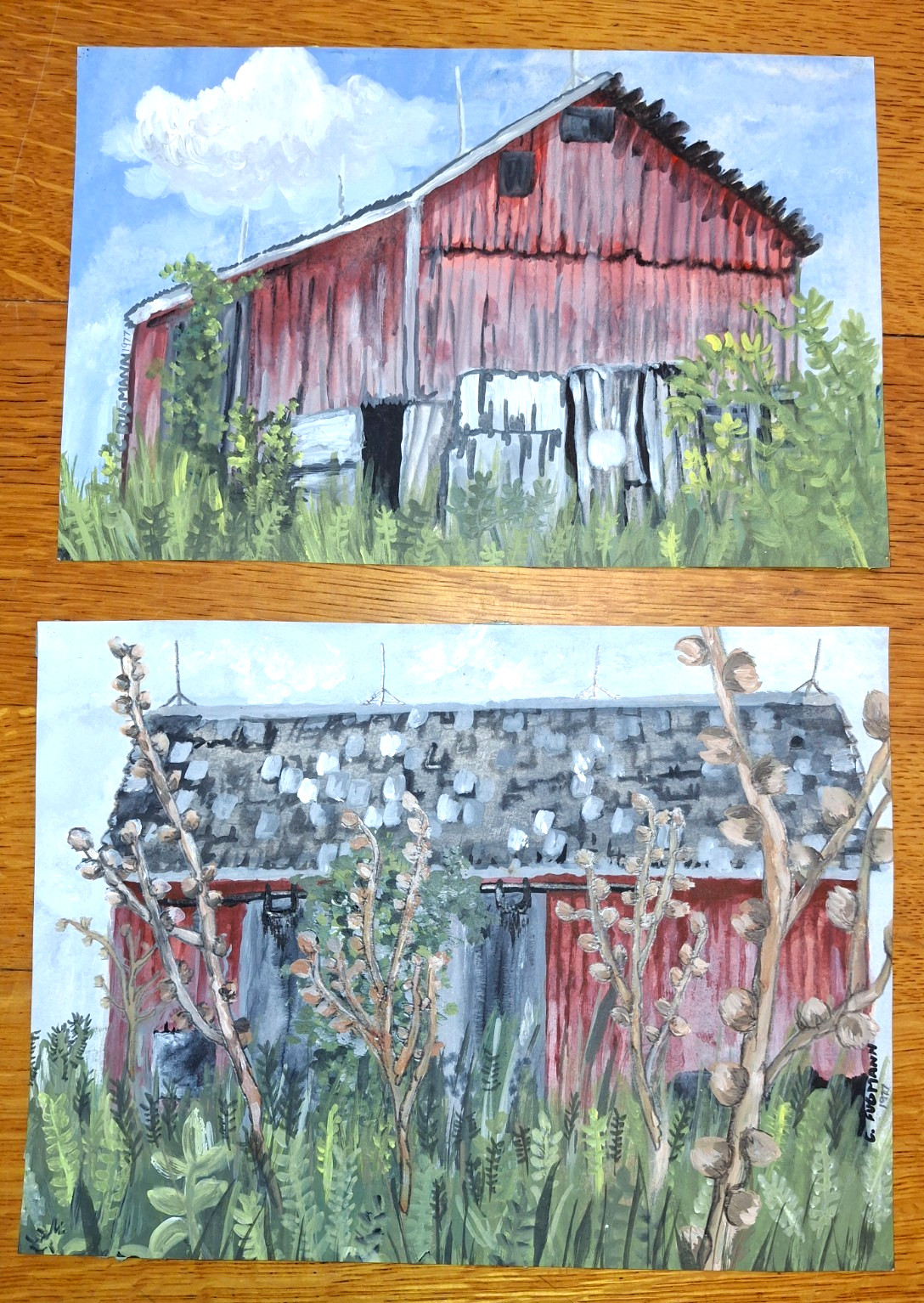 1977 Original Old Red Country Barn Acrylic Painting 8″x11″ Lot of 2 Signed