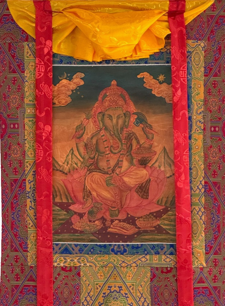 HAND-PAINTED NEWARI GANESHA THANKA PAINTING, OIL VARNISHED, SILK BROCADE MOUNT