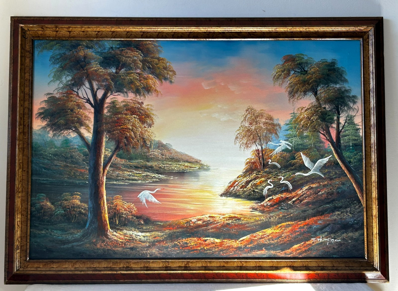 J Thompson Florida Folk Artist Everglades Cypress Marsh Large Framed Painting
