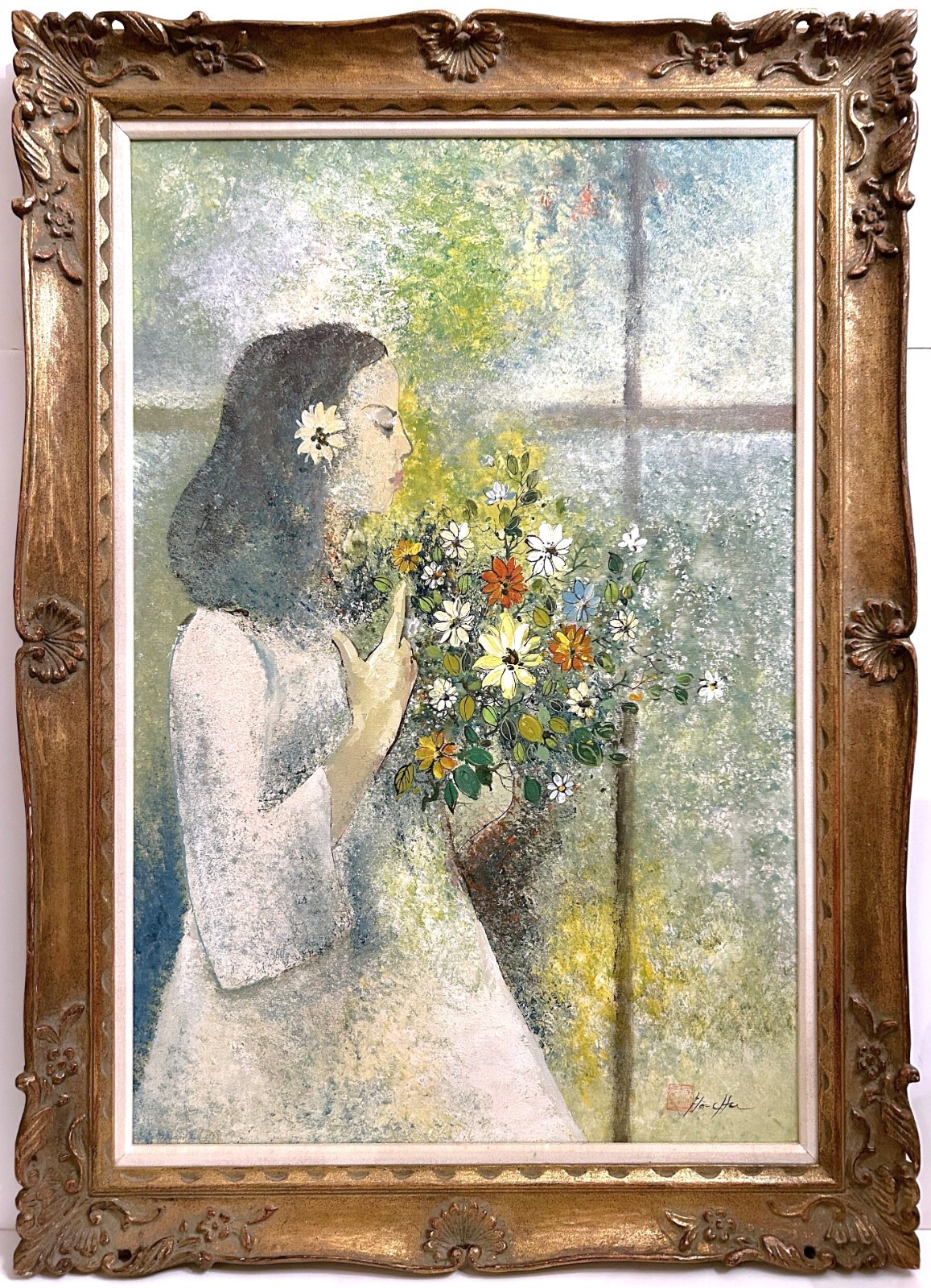 1970s Taiwanese IMPRESSIONIST OIL PAINTING Young Woman Flowers HO-CHU